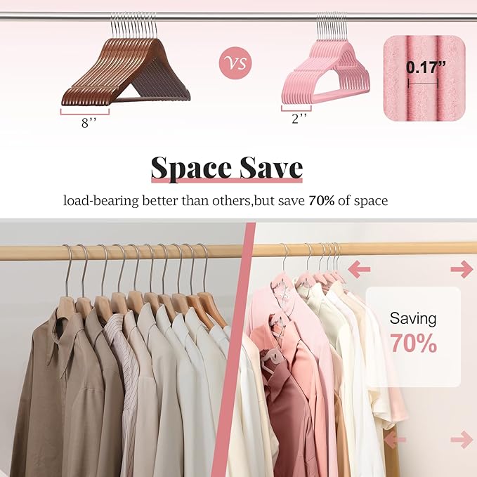 Velvet Hangers 50 Pack, S-Shaped and Stackable Non Slip with 360°Swivel Hook, Ultra Thin and Space Saving Flocked, for Suits, Shirts, Coats, 15Lbs Capacity Heavy Duty, Pink