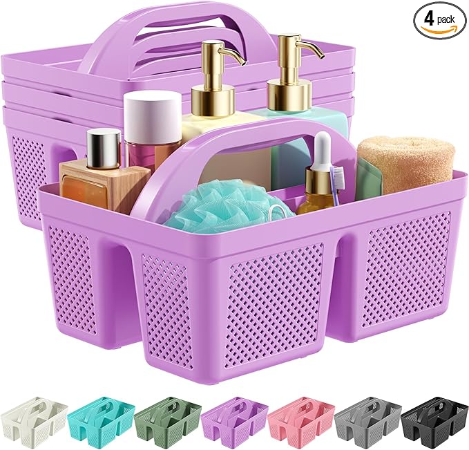 MLIKLU 4 Pack Portable Shower Caddy, Integrated Handle, Reinforced Plastic, Quick-Dry Ventilation Holes, Multi-purpose Storage Basket for Home, Dorm and Bathroom, Kitchen, Under Sink Storage, Purple