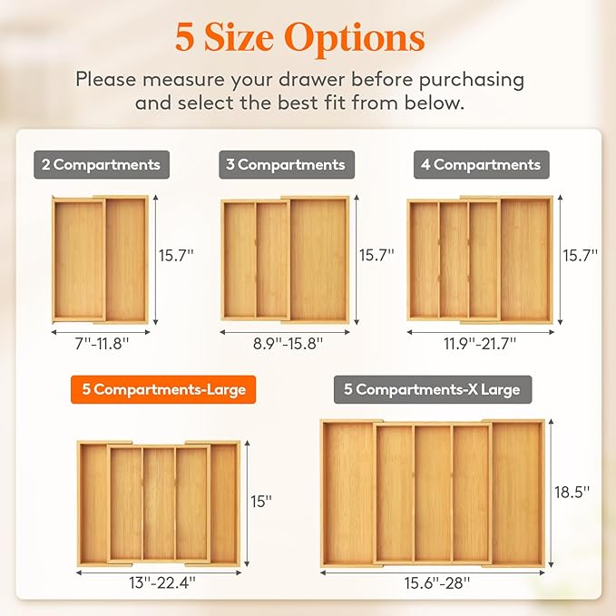 Lifewit Utensil Organizer for Kitchen Drawer, Expandable Cooking Utensil Tray, Cutlery Silverware Flatware Holder, Wood Adjustable Spatula Tools Storage Divider, 13-22x15/ 33-56x38cm, Black