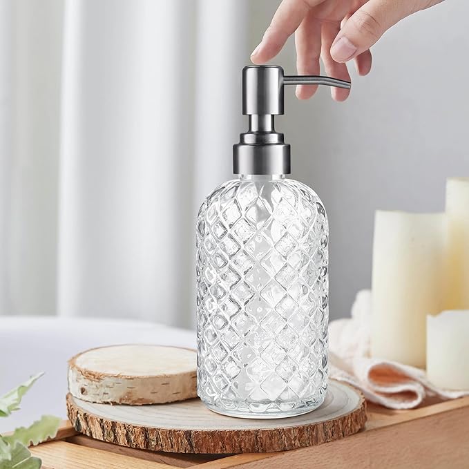 14 Oz Refillable Glass Soap Dispenser with Rust Proof Stainless Steel Pump, for Dispense Hand soap, Body wash, Lotion 2pack