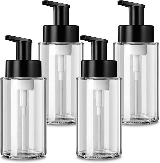 Foaming Soap Dispenser, 10 oz/300ml Foaming Hand Soap Dispenser, 4 Pack Glass Dispenser for Bathroom & Kitchen, Clear Refillable Foam Dispenser Bottle with Waterproof Labels