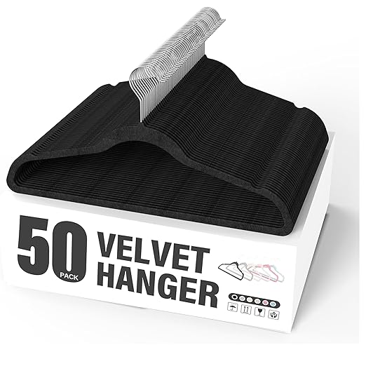 Simple Deluxe 50 Pack Velvet Hangers, 360° Swivel Hook, Non-Slip Heavy Duty Hanger Set with Shoulder Notches, for Coat, Pants & Dress, Black