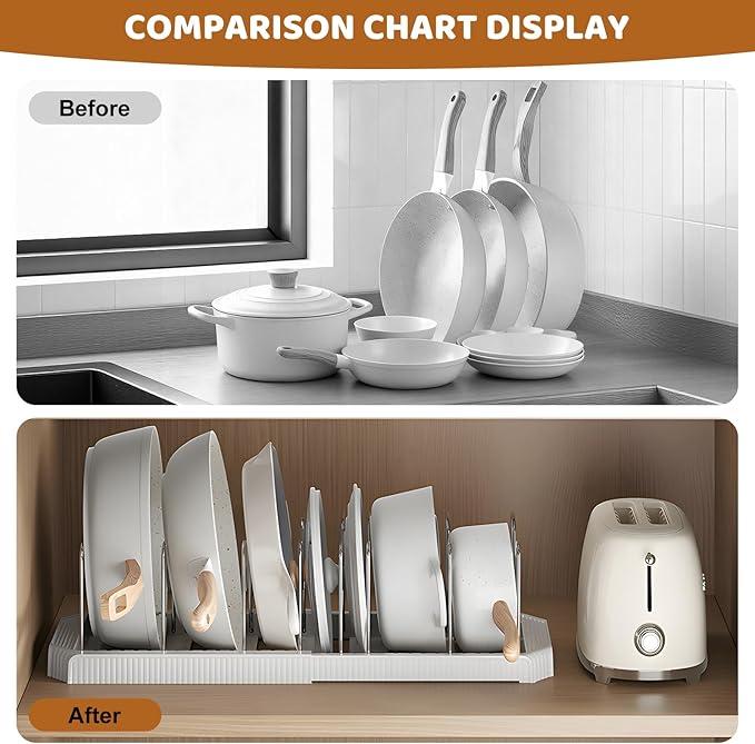 Pots and Pans Organizer Under Cabinet, 7-Slot Expandable Pot Rack Organizer with Cup Brush, Kitchen Pots and Pans Organizer for Cookware, Lids, Bakeware, Cutting Boards Tool-Free Installation (White)