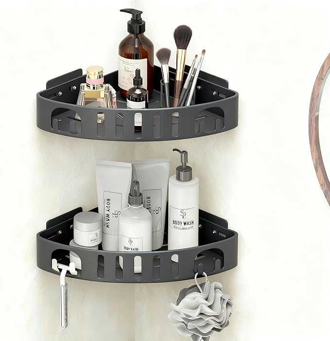 Adhesive Corner Shower Shelf No Drill | Rust-Proof Aluminum Alloy Stick On Bathroom Organizer with Shaving Holder for Shampoo, Conditioner, Soap, Razors Grey 2 Pack