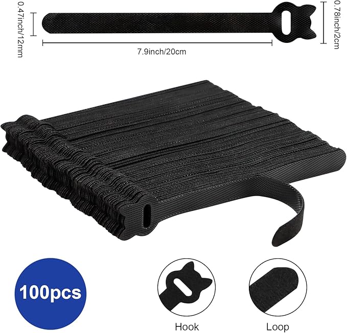 100PCS Reusable Cable Ties, 8 Inches Adjustable Cord Straps, Wire Organizer, Cord Wrap Hook Loop Cable Management, Multi Purpose Cable Management Ties for Home, Office & Data Centers Black