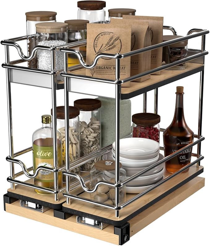 Rev-A-Shelf 2-Tier Double-Wide Pullout Kitchen Cabinet Organizer and Upright Storage for 9" and Larger Wall Cabinets with 9" W Opening, 5WU2-9W2-1