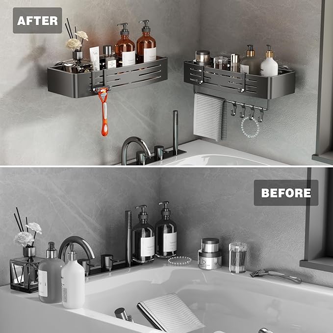Voldra Shower Caddy Suction Cup, 1 Pack Shower Shelves for Inside Shower No Drilling, Aluminum Suction Showers Organizer with Towel Bar & Hooks Removable Bathroom Shelf Storage Rack(Gray)
