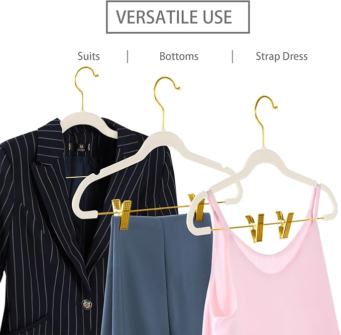 MIZGI Premium Velvet Pants Hangers with Adjustable Clips (Pack of 30) Slim Skirt Hangers- Non Slip Felt Outfit Dress Hangers Ivory - Gold Hooks,Space Saving Shirt Clothes Hangers