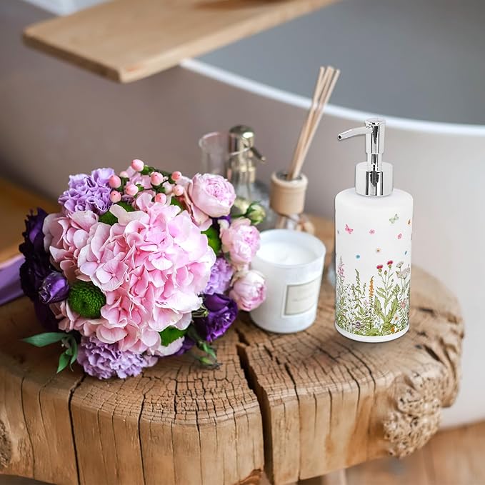 Wildflower Soap Dispenser Vintage Wild Floral Glass Soap Dispenser with Pump Refillable Liquid Soap Container for Bathroom Kitchen Countertop Decor