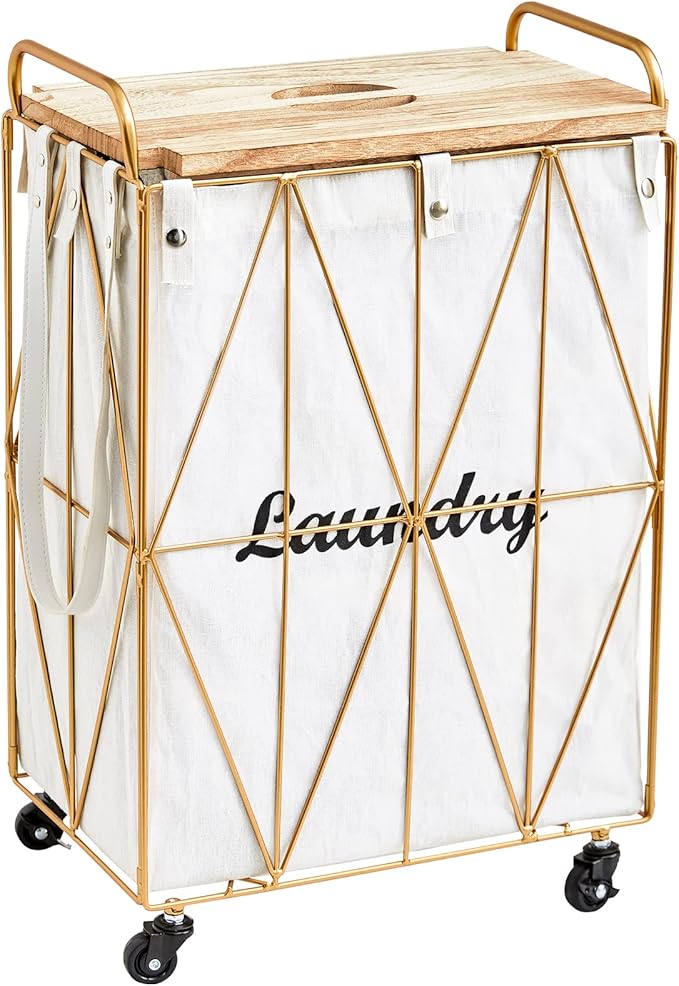 Mxfurhawa Iron Wire Laundry Hamper With Rolling Lockable Wheels, FoldinLaundry Storage Basket with Handles,Detachable Liner Collapsible Dirty Laundry Cart Sorter Clothes Basket Organizer (81-Gold)