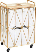 Mxfurhawa Iron Wire Laundry Hamper With Rolling Lockable Wheels, FoldinLaundry Storage Basket with Handles,Detachable Liner Collapsible Dirty Laundry Cart Sorter Clothes Basket Organizer (81-Gold)
