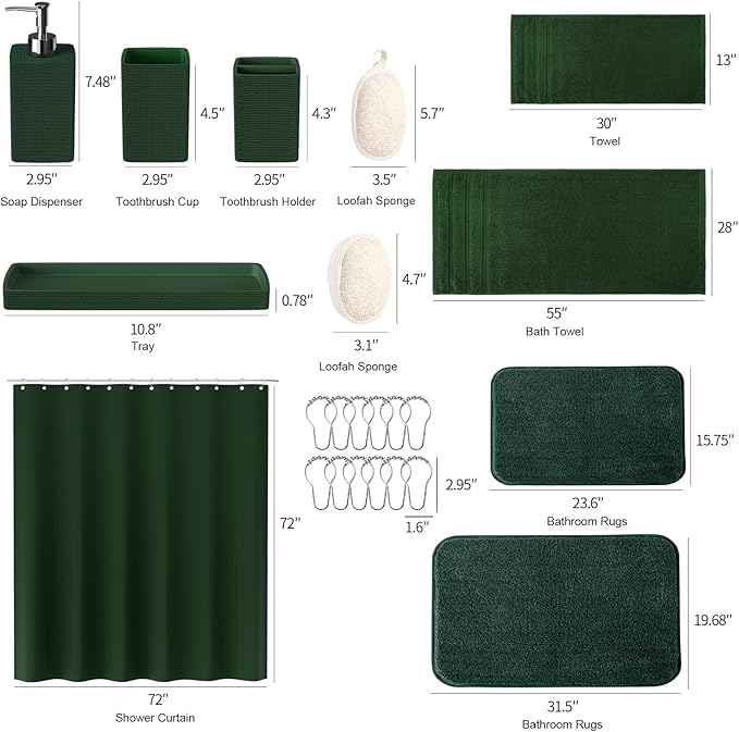 Green Bathroom Set, Dark Green Bathroom Accessories Set with Shower Curtain and Rugs, Bath Towel Sets, Natural Loofah Sponge, Soap Dispenser, Toothbrush Holder, Bathroom Tumbler and Tray for Bathroom