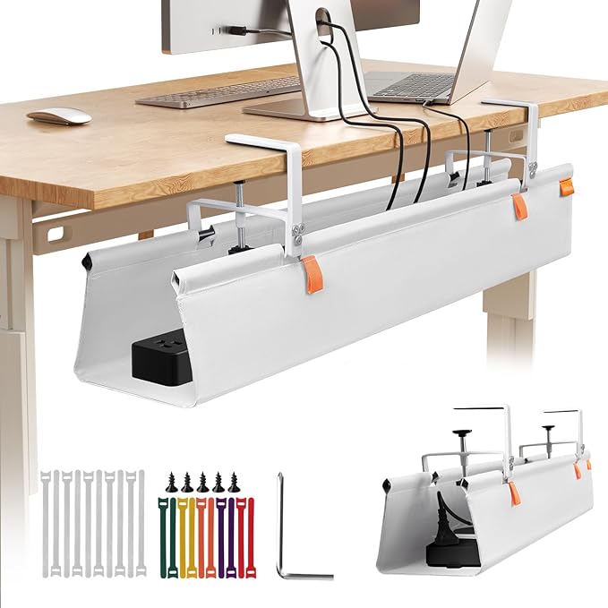 No Drill Under Desk Cable Management Tray, 36" Cord Organizer with Clamp, Fabric Cable Management for Standing Desks, Ideal for Home & Office - White