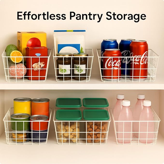 iSPECLE Wire Baskets - 6 Pack Wire Storage Baskets Organizer Bins, Pantry Cabinet Shelf Kithen Storage Organization for Easily Get Items, White