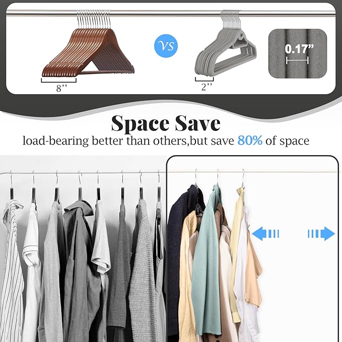 Velvet Felt Stackable Hangers 50 Pack, Non Slip, with 360° Swivel Hook, Ultra Thin and Space Saving for Suits, Shirts, Coats, 15Lbs Capacity Heavy Duty, Gray