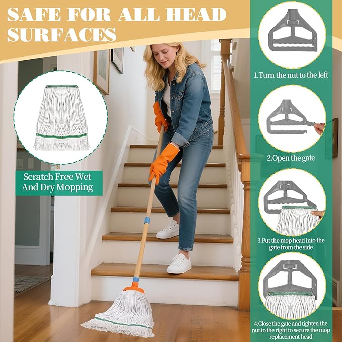 20oz Commercial Mop Head Replacement, 6 Pack Heavy Duty Industrial Cotton Loop-End String Wet Mop Head Refills for Home Garage Office Kitchen Industrial Floor Cleaning (White, Green)