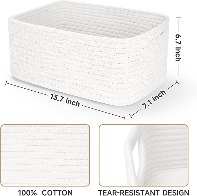 3-Pack Storage Baskets for Organizing | Woven Shelf Toy Basket | Rope Baskets for Gifts Empty | Closet Organizer Bins with Handles | Cube Decorative Box | 13.7×7.1×6.7” | White