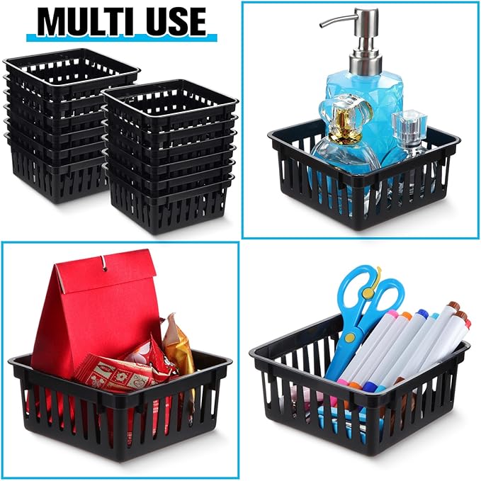 Tatuo 24 Pcs Classroom Small Plastic Baskets Bulk Storage Baskets for Organizing Crayon Pencil Containers Organizer Bins for Back to School Gift Office Desk Drawer Home, 5.31 x 5.31 x 2.44 Inch(Black)