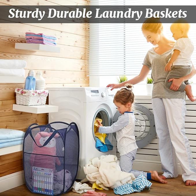 4Pcs Mesh Pop Up Laundry Hamper, FHDUSRYO Foldable Pop Up Hamper, Collapsible Laundry Basket with Carry Handles, Portable Dirty Clothes Basket with 4 Wash Bags, Mesh Hamper for Dorm Bedroom Travel