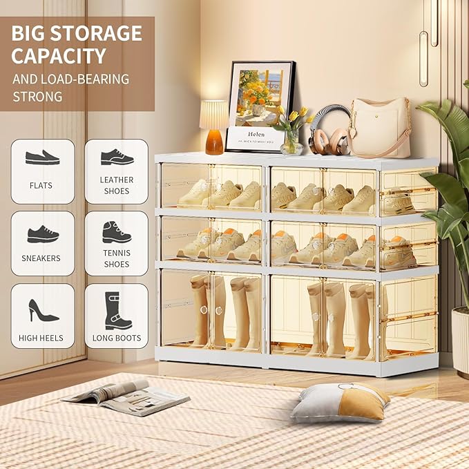 EHAMILY 3 Tiers 6-12 Pairs Foldable Shoe Boxes Large Plastic Shoe Storage Rack Collapsible Shoe Organizer for Closet Clear Stackable Shoes Shelf Storage Cabinet with Doors Quick Assembly