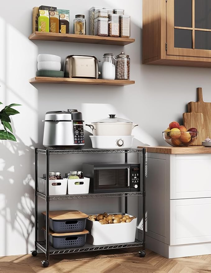 Simple Deluxe 3-Tier Heavy Duty Adjustable Storage Shelf with Wheels, 23.23”W x 13.39”D x 30.31”H, Mobile or Stationary Metal Shelving Unit, Easy Assembly for Kitchen, Pantry, Laundry Room, Black