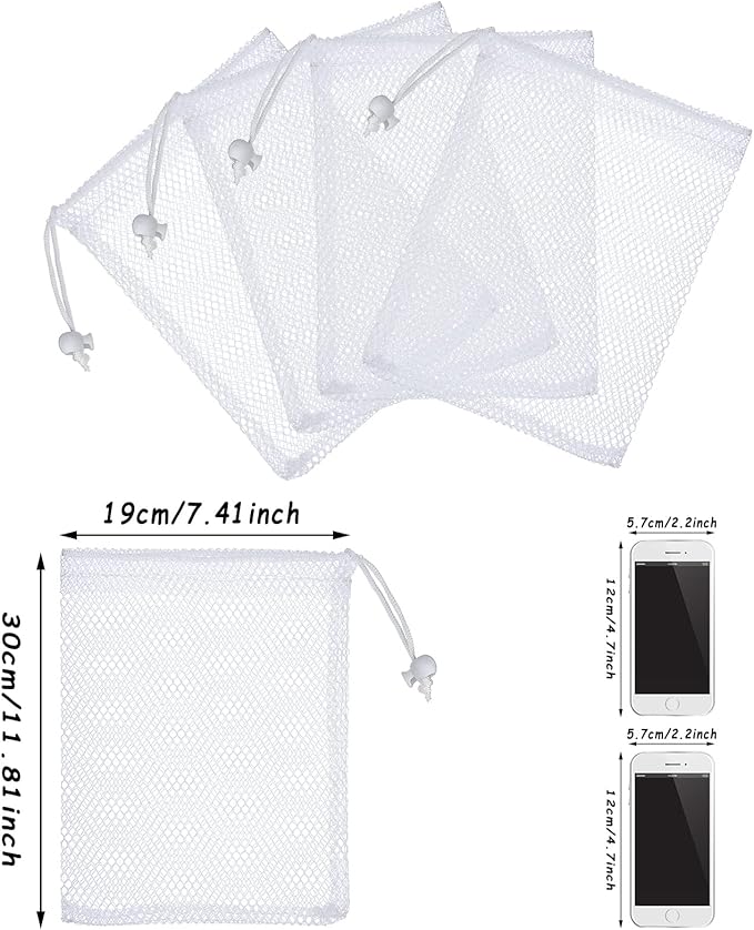 TecUnite 10 Pcs Mesh Bags Drawstring Laundry Bags Large Nylon Mesh Gift Dishwasher Bag with Sliding Drawstring for Kitchen Jewelry Gifts Wedding Favor Home(11.8 x 7.5 Inch,White)