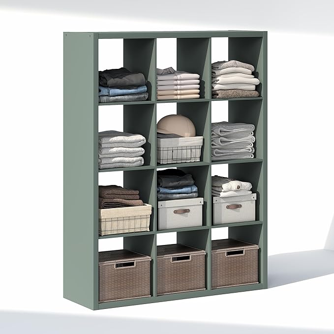 Furinno Cubic Closet Organizers and Storage, 12-Cube Closet Organizer, Open Shelf Closet Storage, Extra Thick Frame for Wardrobe, Bedroom, Living Room, Sage Green