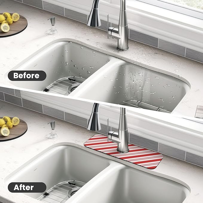 Christmas Red And White Candy Cane Swirl Stripe Striped Stripes Candycane Kitchen Sink Splash Guard Faucet Mat Super Absorbent Fast Drying Mat Sink Sink Mat For Kitchen Bathroom (15" X 5.5" )