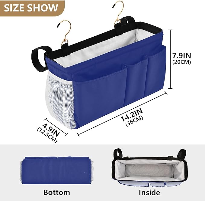 KOPIRIT Blue Bedside Caddy Storage Bag Bedside Organizer for Bunk Bed Headboards College Organizer Caddy Hanging Shelf 6 Pockets with Hooks for Book Glasses Phone Holder