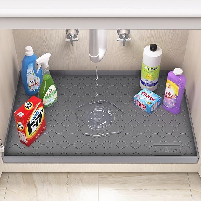 Jin&Bao Waterproof Under Sink Mat 31" x 22", Thick Silicone Mat Cabinet Protector for Kitchen and Bathroom, Shelf Liner, Home Organizer and Storage, Multipurpose Tray for Gadgets and Essentials
