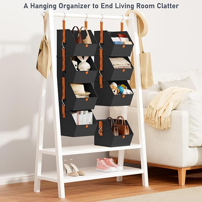 DIMJ Hanging Closet Organizer - 4 Tier Collapsible Hanging Shelves with Hooks Zipper, Fabric Clothes Organizer, Space-Saving Storage Bin Basket for RV, Bedroom, Laundry Organization