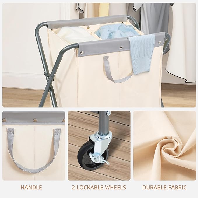 STORAGE MANIAC 125L Collapsible Laundry Hamper with Wheels, Rolling Laundry Basket, Heavy Duty Cloth Sorter with Removable Bag, Folding X Frame Clothes Organizer Cart for Easy to Store, 2 Section