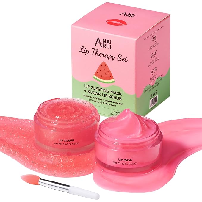 Hydrating Lip Mask Set, Lip Scrub & Lip Butter, Overnight Lip Treatment Set Enriched With Ceramide, Watermelon and Shea Butter, For A Softer & Smoother Lips, Overnight Lip Mask Gifts