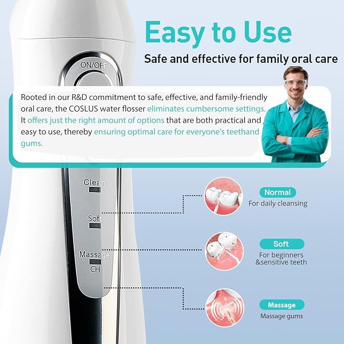 COSLUS Water Dental Flosser Teeth Pick C20(F5020E): Portable Cordless Oral Irrigator 300ML Rechargeable Travel Irrigation Cleaner IPX7 Waterproof Electric Flossing Machine for Teeth Cleaning, White