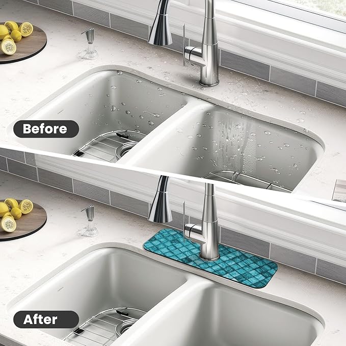 Faucet Draining Mat For Kitchen Sink, Cyan Square Marble Diatom Mud Absorbent Drain Pad For Bathroom Kitchen Sink Splash Guard Drying Mat