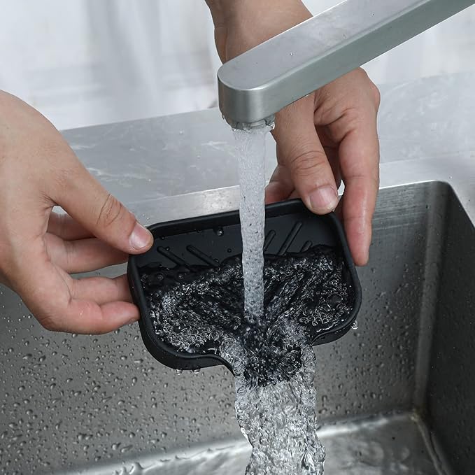 MicoYang Silicone Bathroom Soap Dishes with Drain Spout-Bathroom and Kitchen Sink Organizer,Sponge Holder,Dish Soap Tray,Perfect for Dispenser,Scrubber,Bottle,Cup on Sink or Counter-Black 4.9"×3.2"