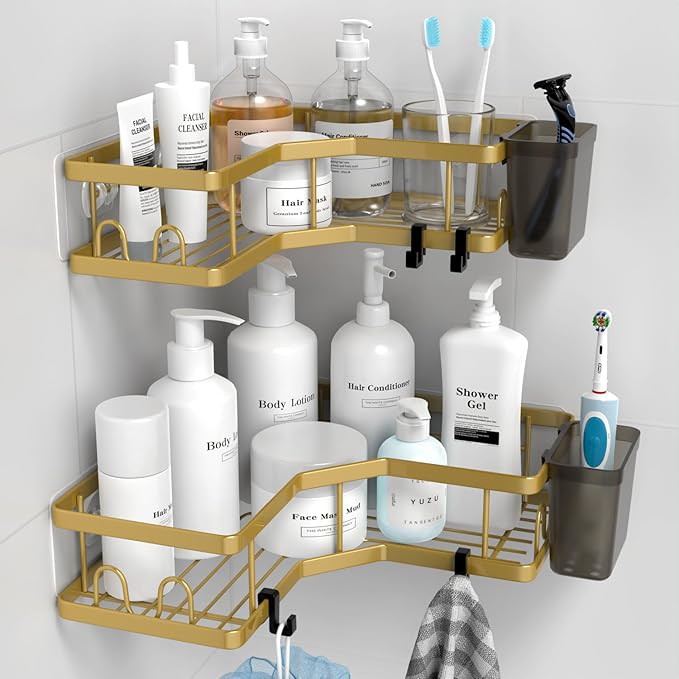 Corner Shower Caddy Organizer Shelf: 2Pack Adhesive Shower Rack, No Drilling Stainless Steel Shower Storage Shelves for Bathroom Kitchen (Gold)