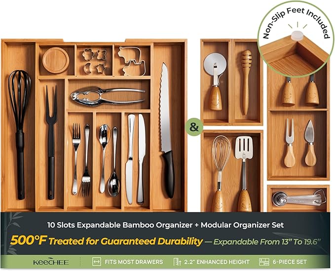 6-Piece Bamboo Drawer Organizer Set, 2.2" Deep Multi-Use Organizers for Utensils, Silverware, Cutlery, Desk, Bathroom, Junk Drawer & Makeup, Non-Slip Feet Included.
