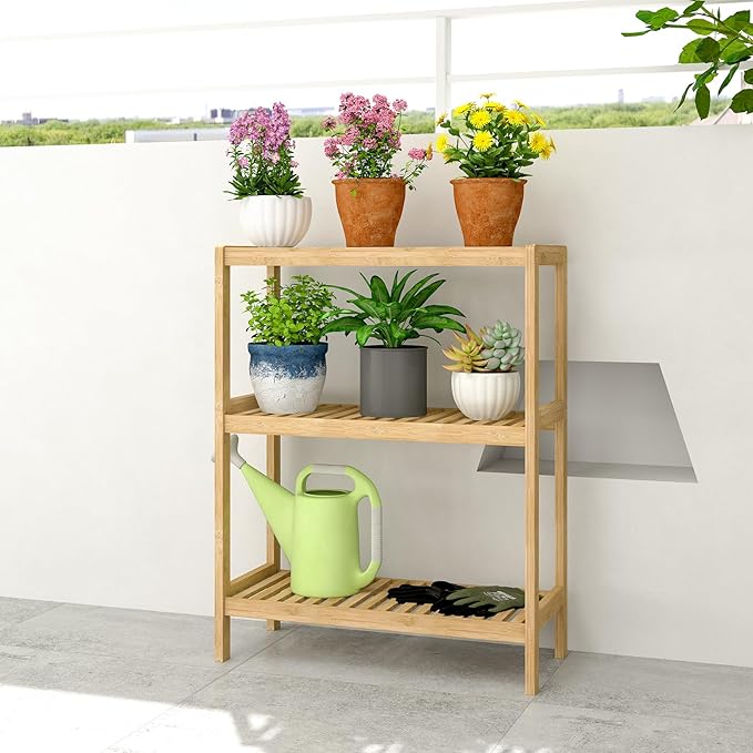 Bamboo Bathroom Shelf, Stand Utility Storage Shelf Multifunctional Bathroom Kitchen Living Room Holder Plant Flower Stand (3-Tier)