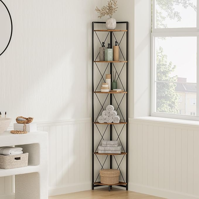 6 Tier Corner Shelf Stand, 78" H Tall Industrial Corner Bookshelf for Living Room Decor, Metal Corner Shelf, Plant Stand Display Shelf for Bedroom, Bathroom, Small Space, Rustic Brown
