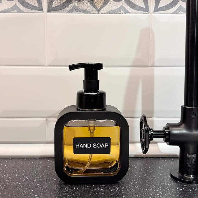 Foaming Soap Dispenser, 2 Pack 300ml (10oz) Plastic Refillable Foaming Hand Soap Dispenser with 16 Pcs Waterproof Labels, Foam Pump Bottle for Bathroom and Kitchen (Black)