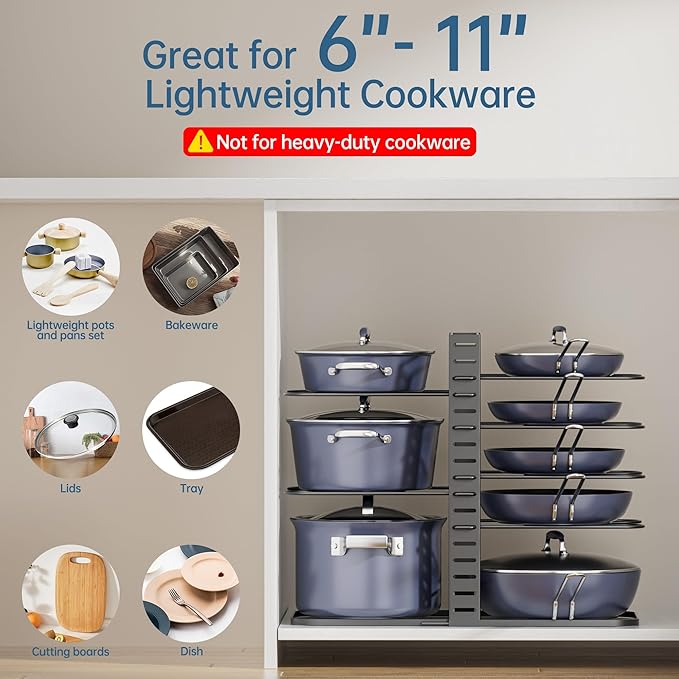 ORDORA Pots and Pans Organizer under Cabinet 14.55 Height, Adjustable 8-Tier Pot Organizers inside Cabinet, Kitchen Organizers and Storage Fit 6-11 inch Lightweight Cookware