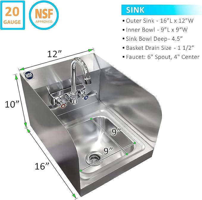 Stainless Steel Wall Mount Hand Basin with Gooseneck and Side Splash Guard. (16" x 12" Side Splash) Deep x long