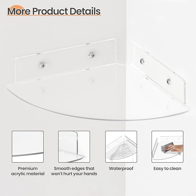 upsimples 4 Pack Acrylic Corner Floating Shelves, 10 in Clear Hanging Shelves with Cable Management Design, Wall Mounted Corner Storage Organizer for Bathroom, Bedroom, Living Room, Kitchen