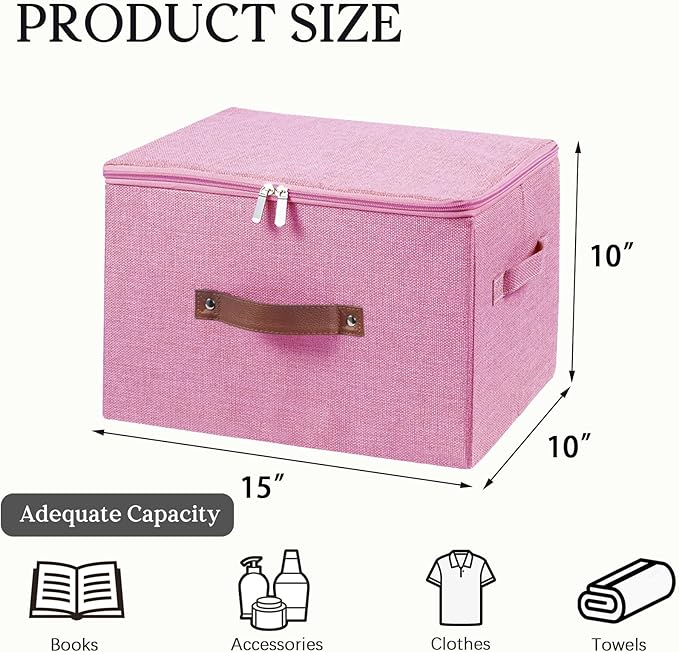 Storage Bins with Zipper Lid Foldable Fabric Lidded Storage Boxes Baskets Cubes Washable Collapsible PU Leather Handle Cotton Linen Shelves Closet Organizer Container(Pink, Large Size)
