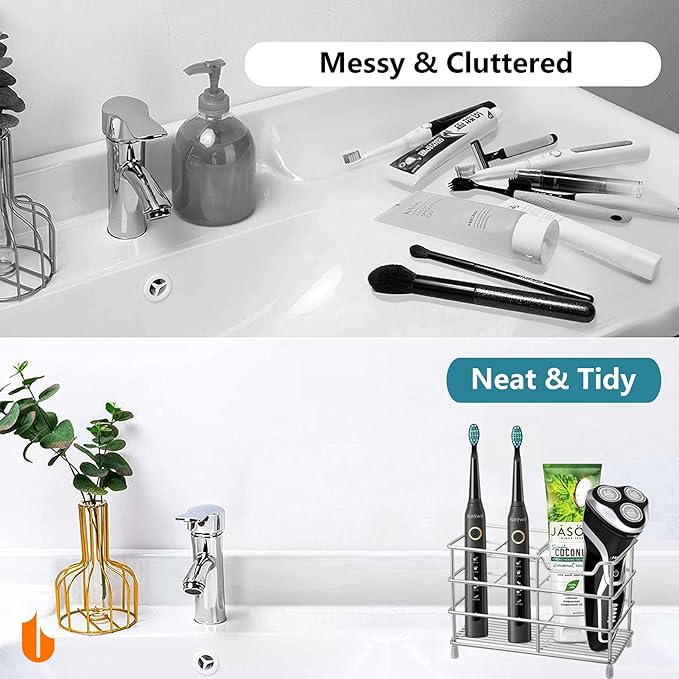 Urbanstrive 304 Stainless Steel Bathroom Toothbrush Holder Toothpaste Holder Stand Bathroom Accessories Organizer (Silver, Small)