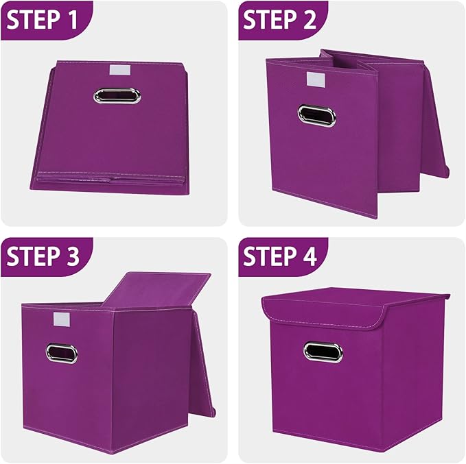 Closet Organizers Fabric Storage Bins With Lids Collapsible Cube Storage Organizer Basket With Handles,Storage Boxes for Clothes Storage,Office,Laundry,Shelves,6 Pack,（Purple）