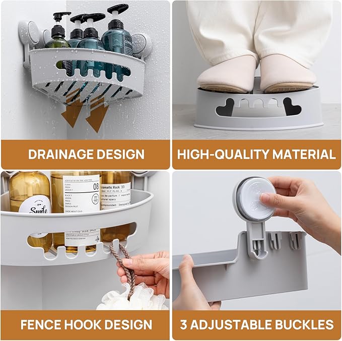 LEVERLOC Corner Shower Caddy Suction Cup, Shower Caddy Basket Powerful Suction Bathroom, Waterproof & Rustproof Organizer for Bathroom Storage, No-Drilling Removable (Grey)
