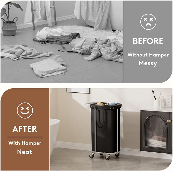 Lifewit 100L Large Laundry Basket with Wheels, Tall 1 Section Laundry Hamper Organizer, Rolling Laundry Cart with Steel Frame & Removable Bag for Luandry Room Bathroom Bedroom, Black
