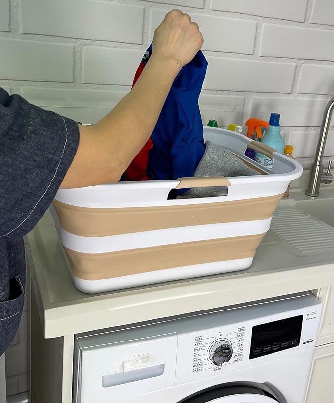 SAMMART 42 (11 Gallons) Collapsible Plastic Laundry Basket, Foldable Pop Up Storage Container/Organizer, Space Saving Hamper, Portable Bin for Dorm Room Bathroom (1, White/Beige)